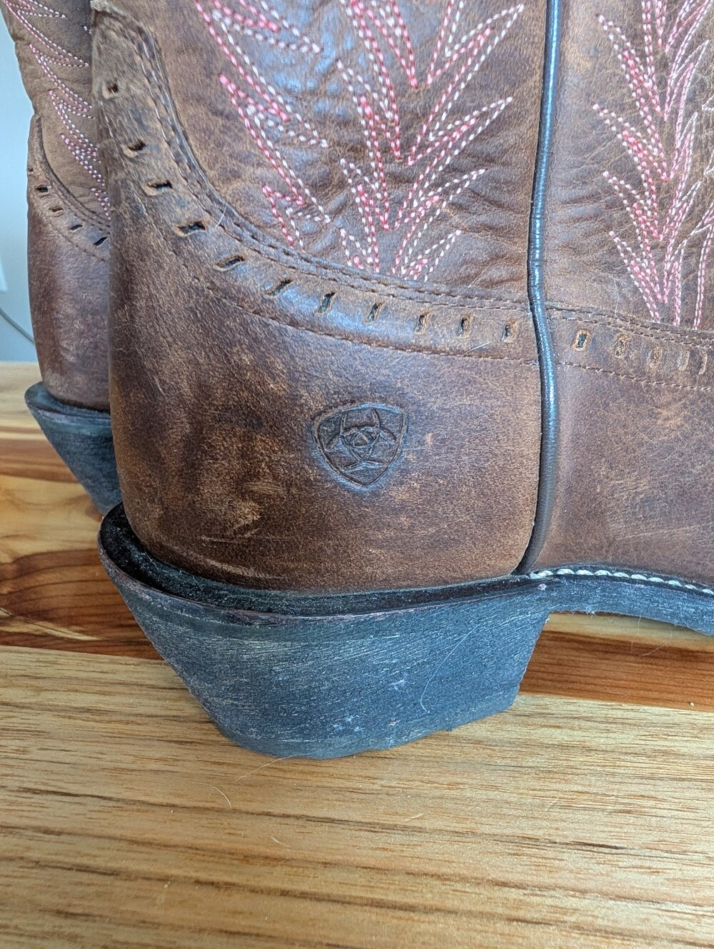 Ariat Brown Leather Western Heeled Boots with Pink Stitching - Picture 7 of 12